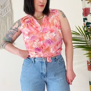 Vintage 1970s Pink Floral Sleeveless Button Up Top Size Large